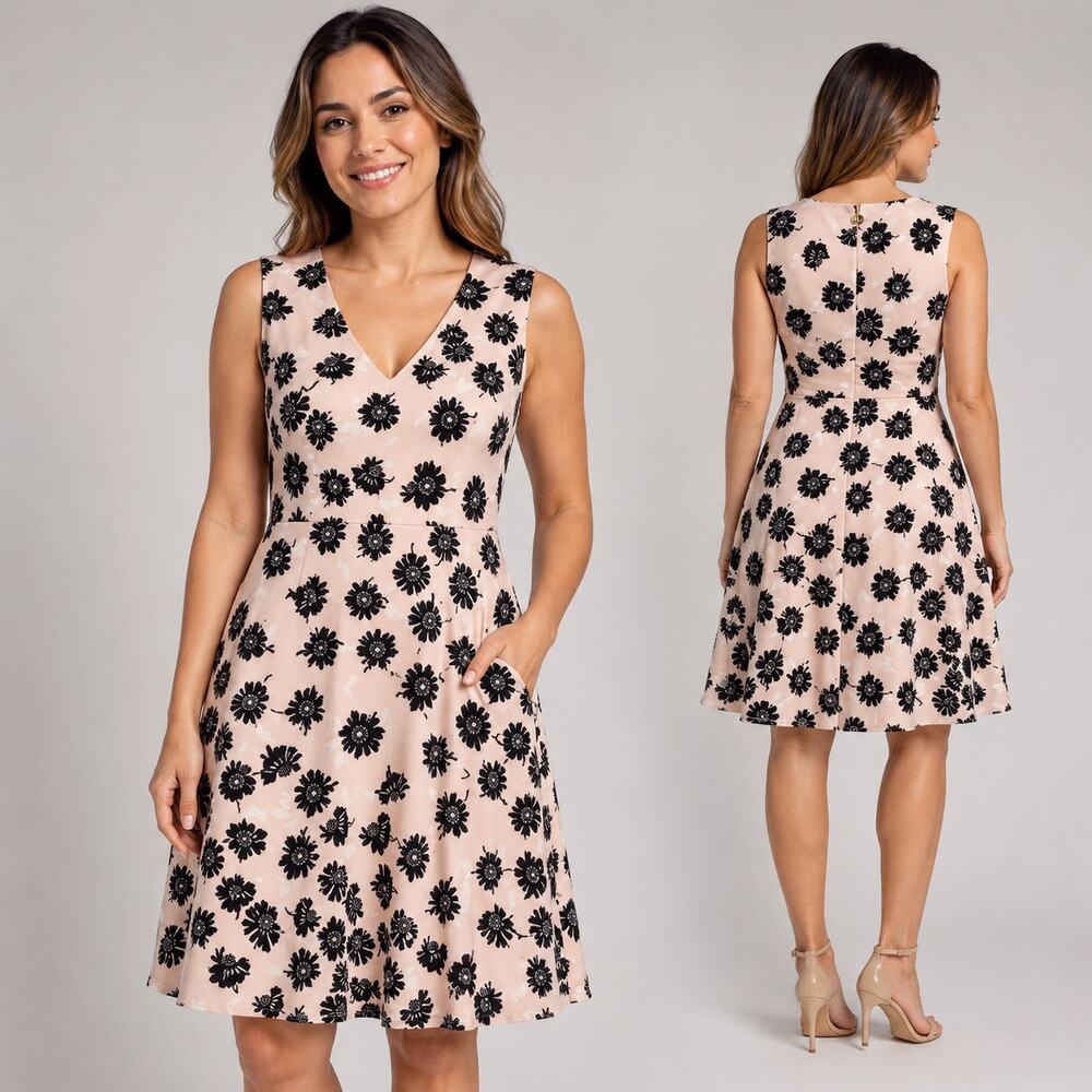 Tommy Hilfiger Floral Dress Size 8 Pink Black Sleeveless Fit Flare